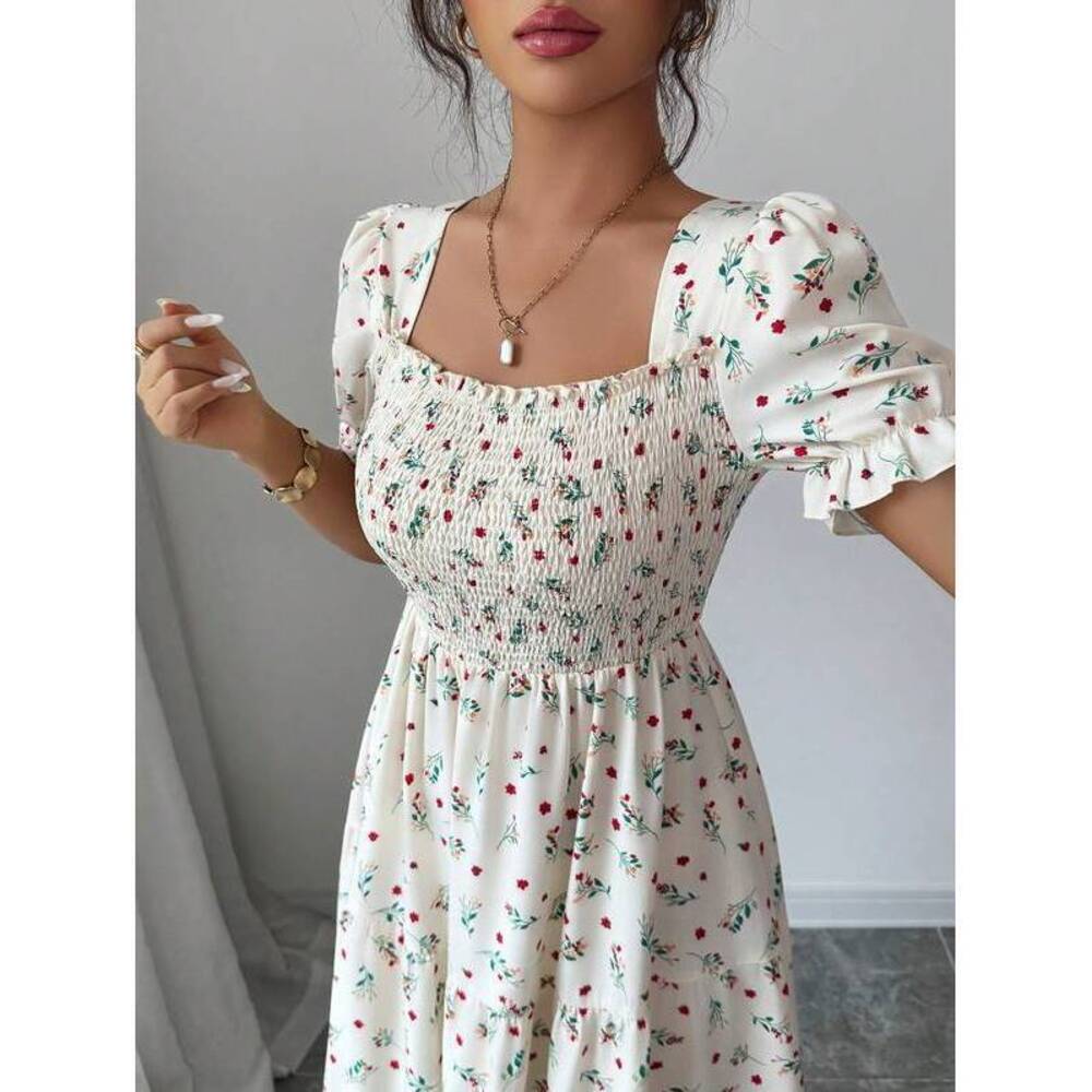 Elenzga Floral Square Collar Cinched Waist A-Line Pa - Picture 6 of 7